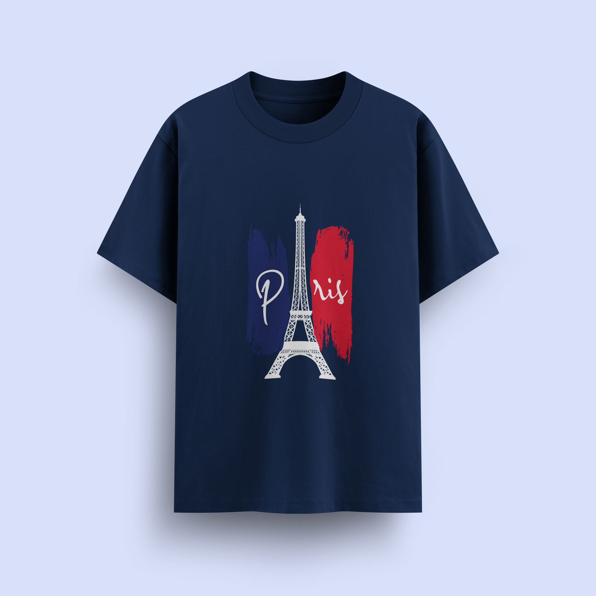 Navy blue oversize t-shirt with Eiffel Tower graphic and 'Paris' text on a light purple background