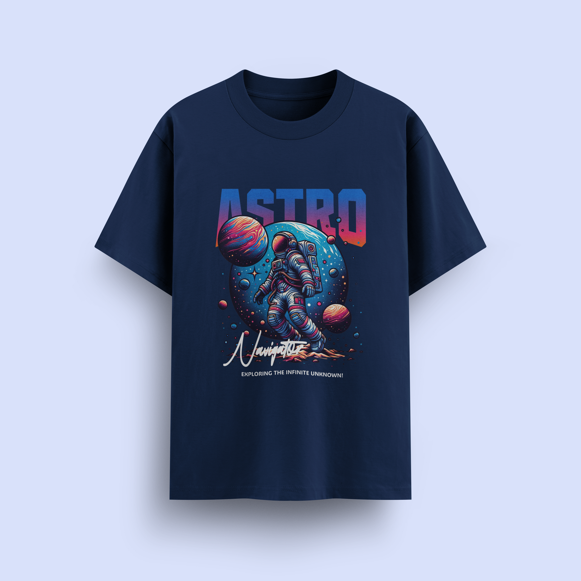 Navy blue t-shirt with space-themed design and 'ASTRO' text on a light blue background