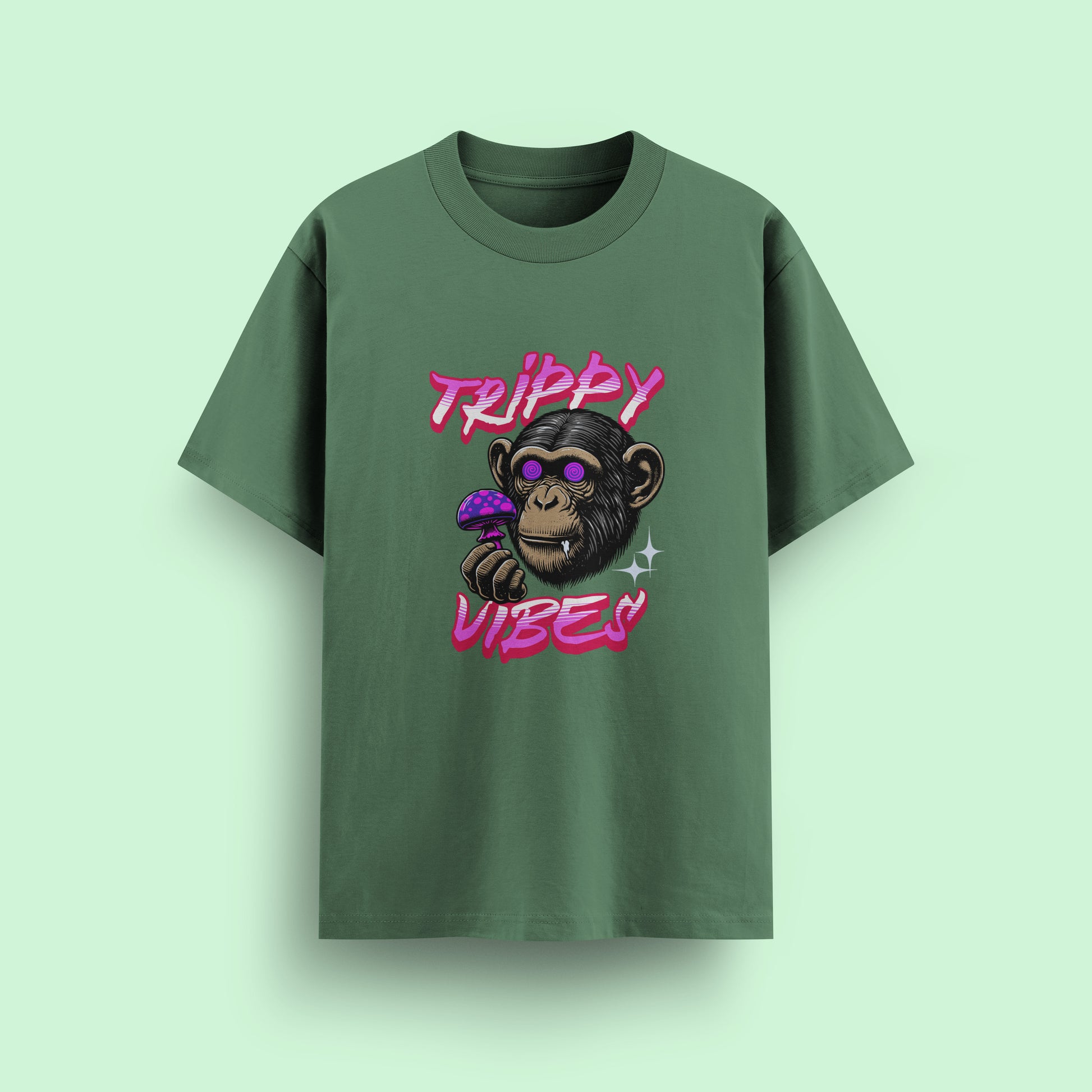 Green t-shirt with a monkey graphic and 'Trippy Vibes' text on a light green background