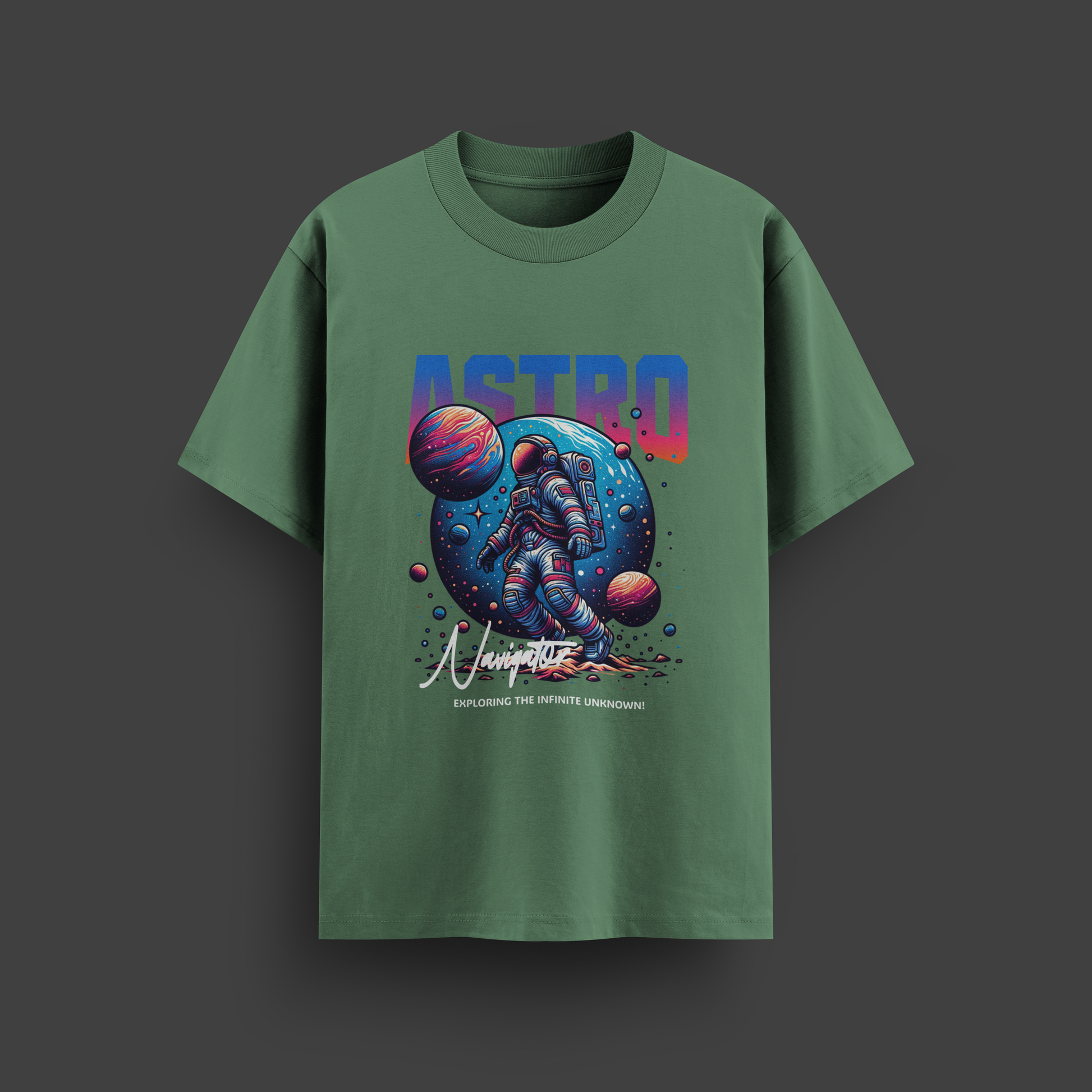 Green t-shirt with space-themed design and 'ASTRO' text on a dark background