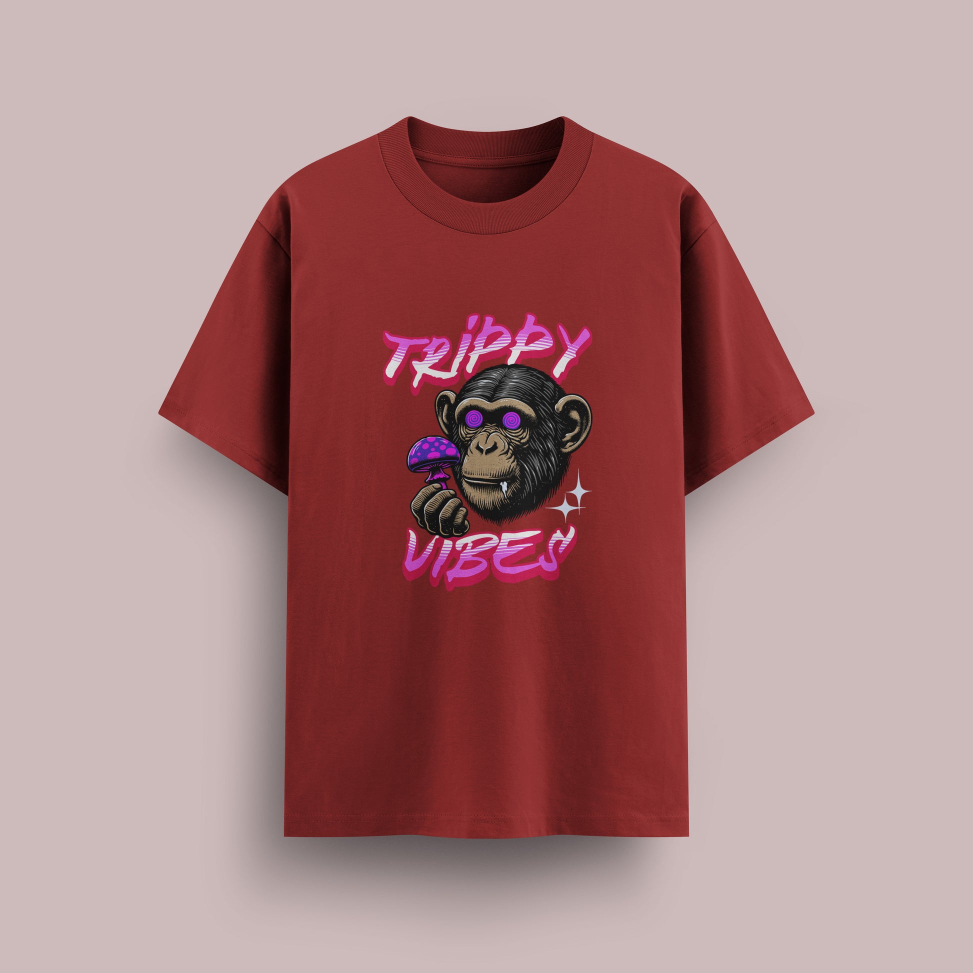 Red t-shirt with a monkey graphic and 'Trippy Vibes' text on a beige background
