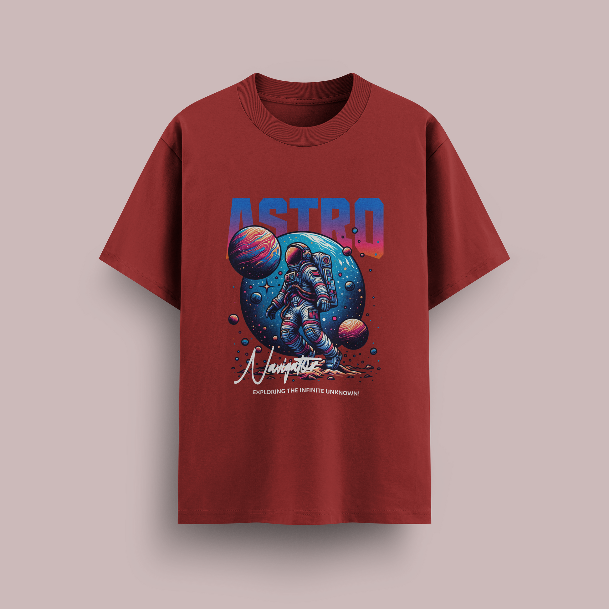 Red t-shirt with space-themed graphic and 'ASTRO' text on a beige background