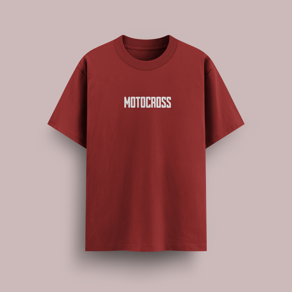 Red t-shirt with 'MOTOCROSS' text on a beige background