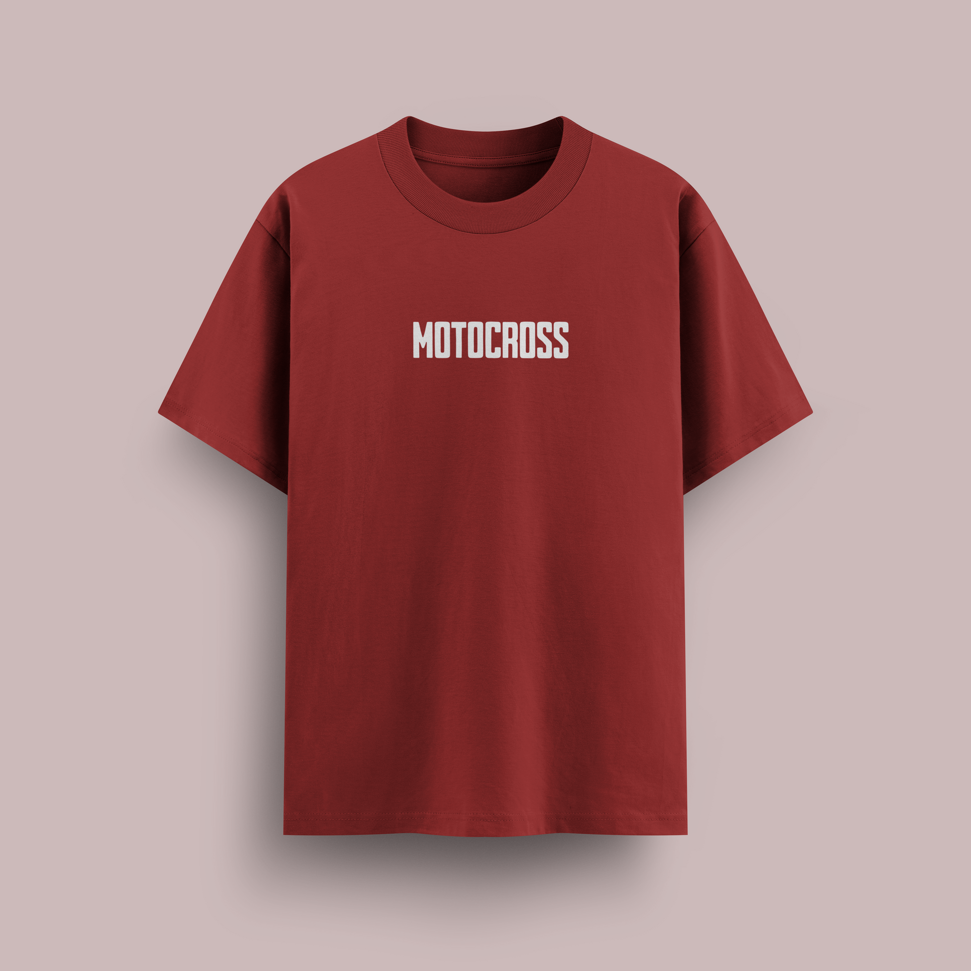 Red t-shirt with 'MOTOCROSS' text on a beige background