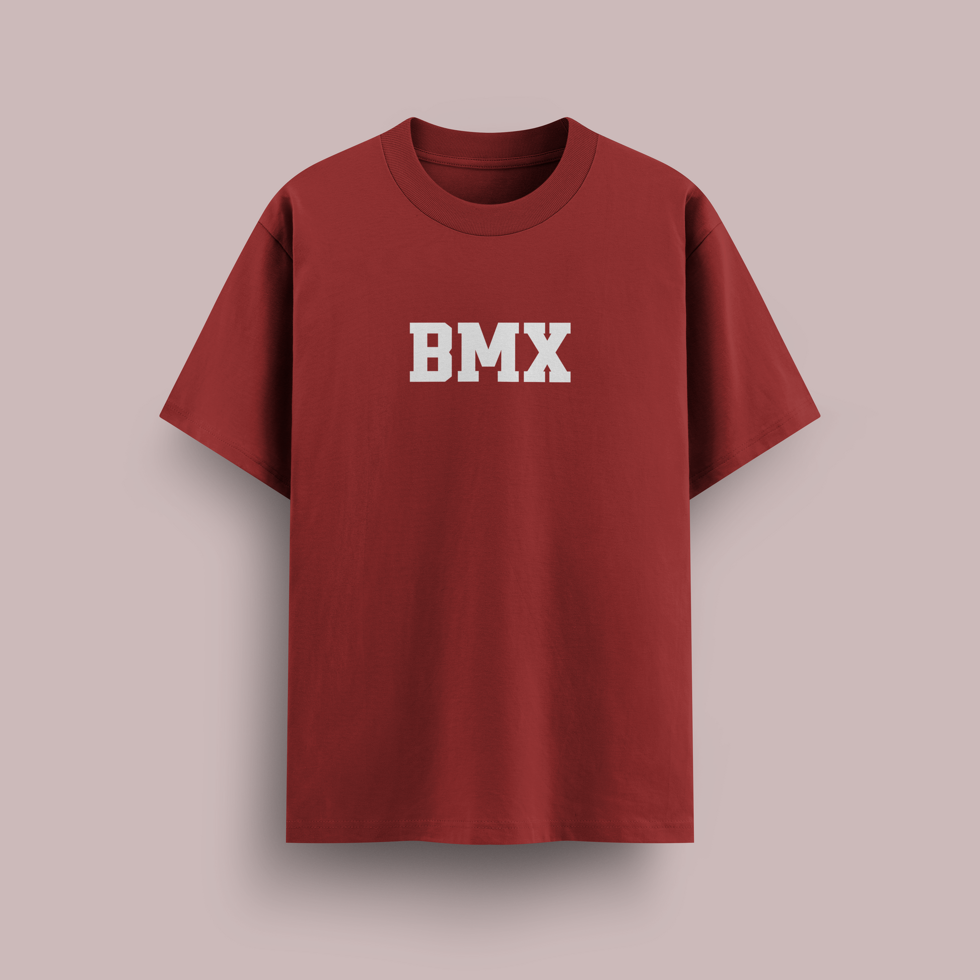 Red t-shirt with 'BMX' text on a beige background