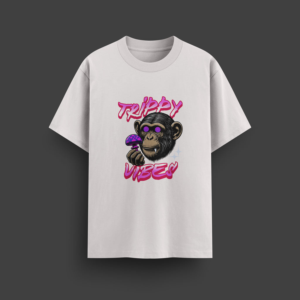 White t-shirt with a monkey graphic and 'Trippy Vibes' text on a dark background
