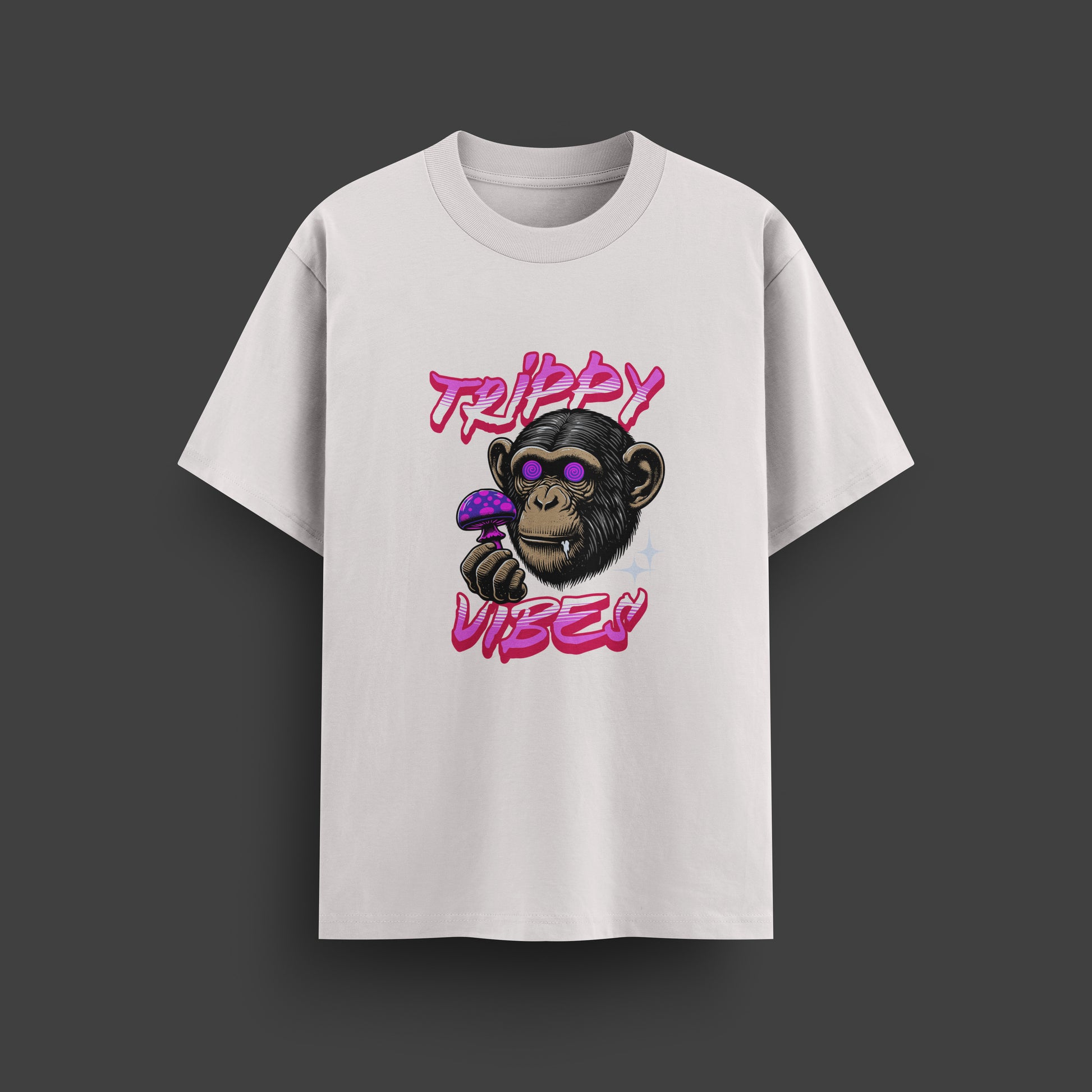 White t-shirt with a monkey graphic and 'Trippy Vibes' text on a dark background