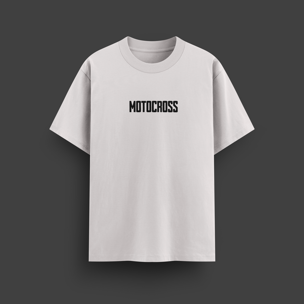 White t-shirt with 'MOTOCROSS' text on a dark gray background