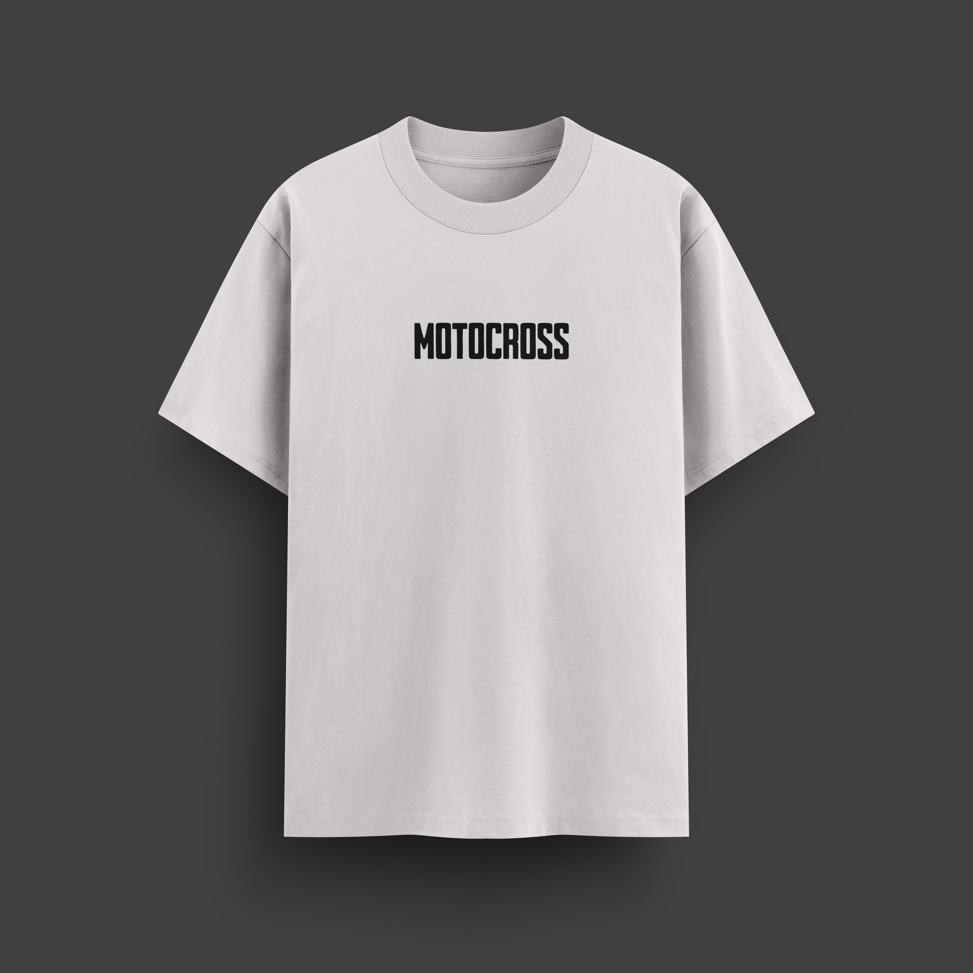 White t-shirt with 'MOTOCROSS' text on a dark gray background