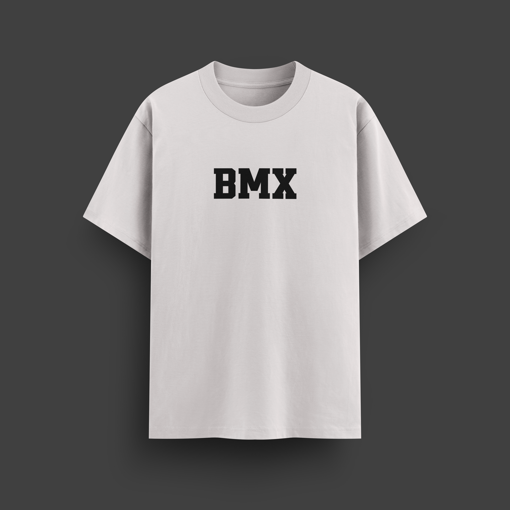 White t-shirt with 'BMX' text on a dark gray background