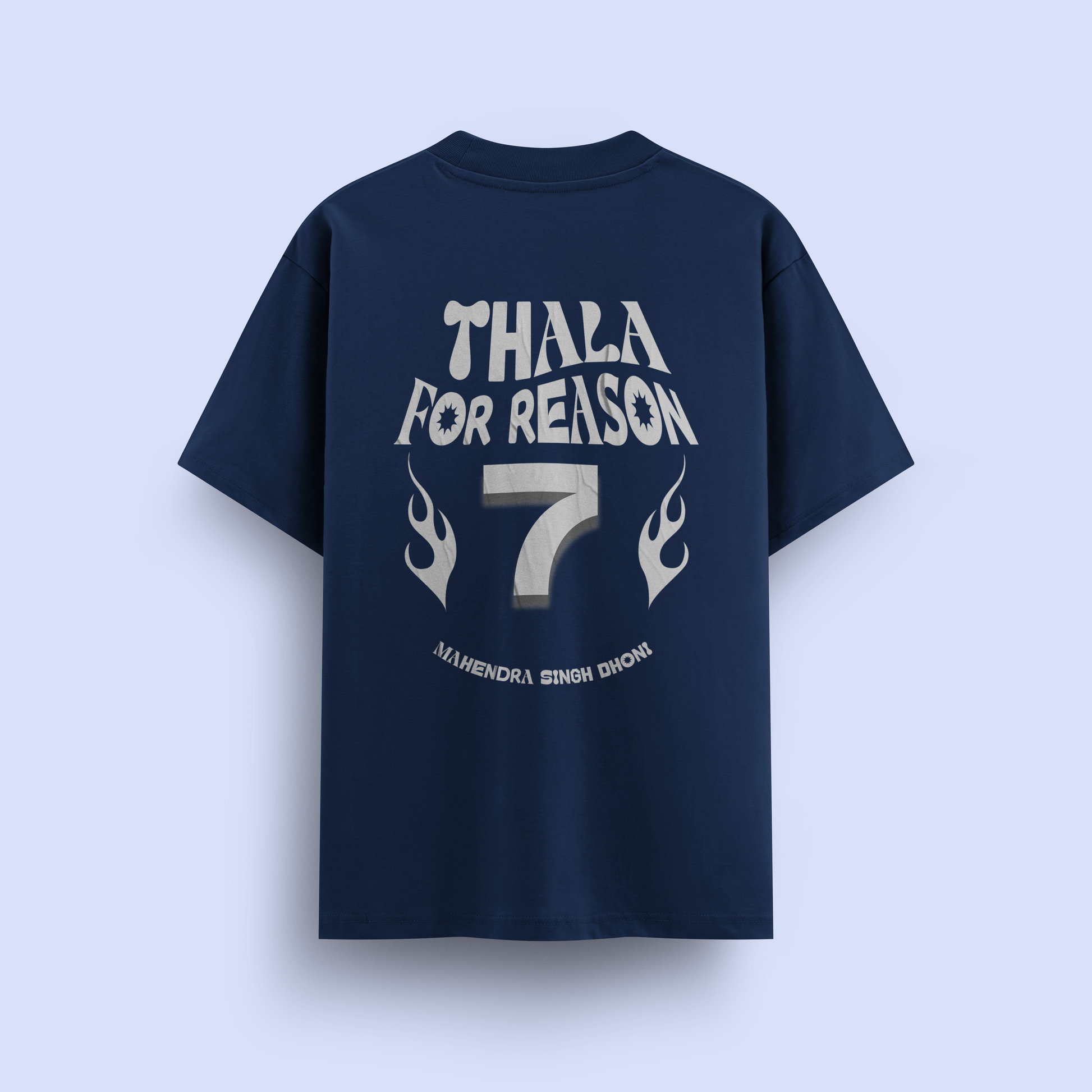 Navy blue t-shirt with white text dhoni and design on a light purple background