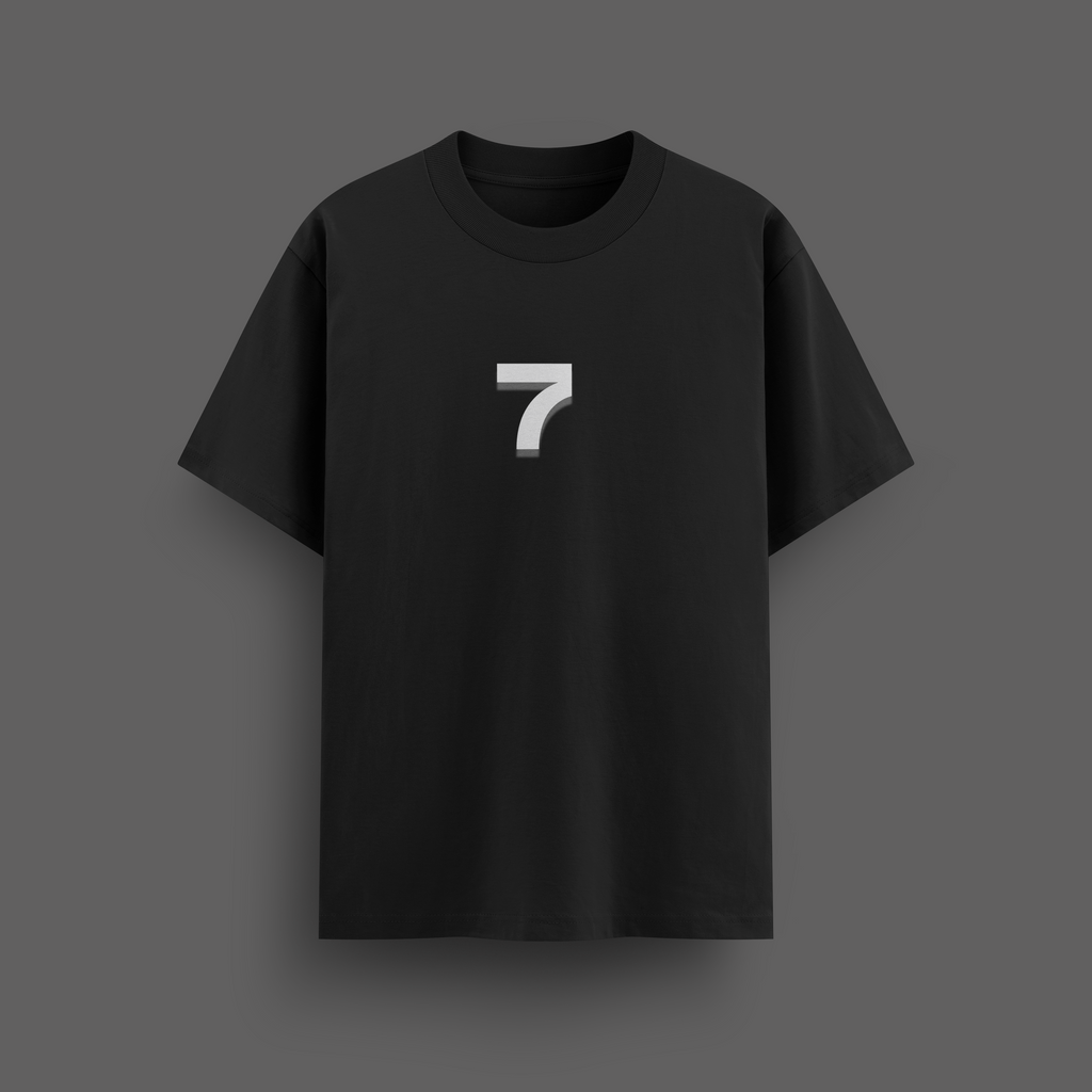 Black t-shirt with a white number '7' on a dark gray background