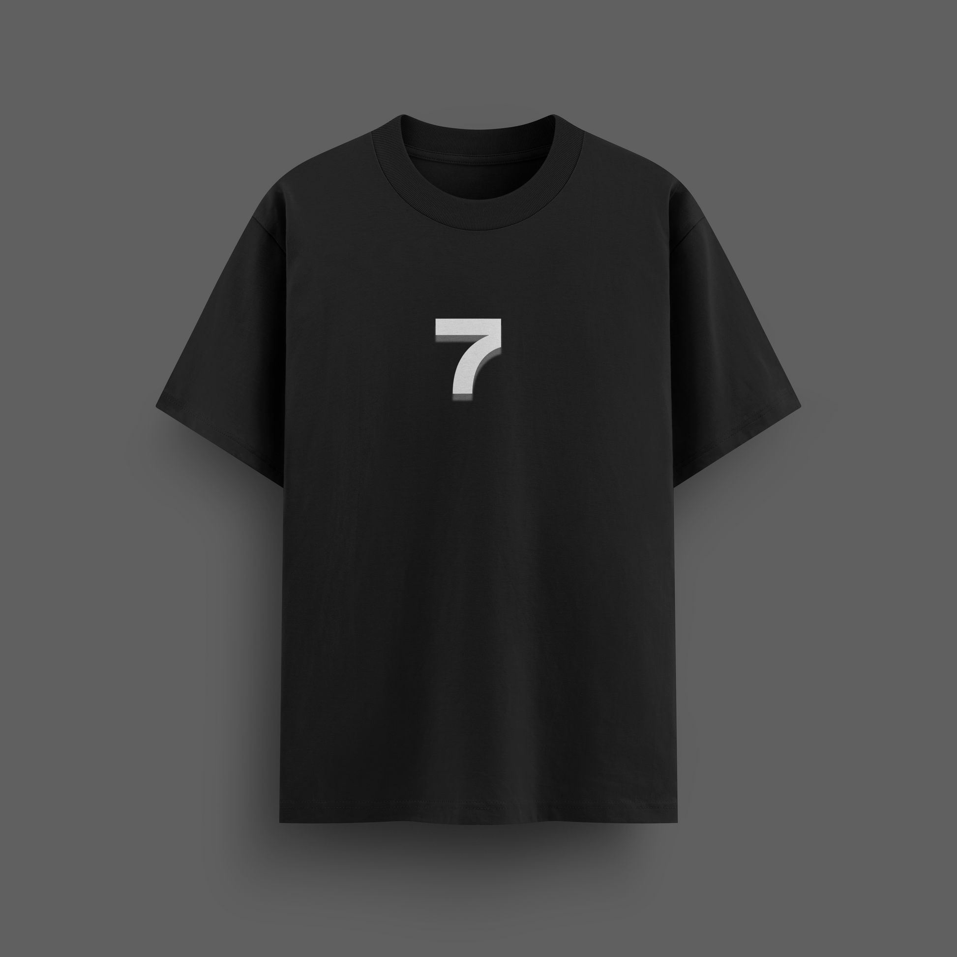 Black t-shirt with a white number '7' on a dark gray background