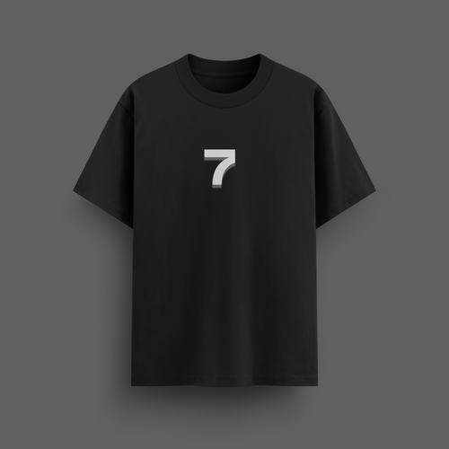 Black t-shirt with a white number '7' on a dark gray background