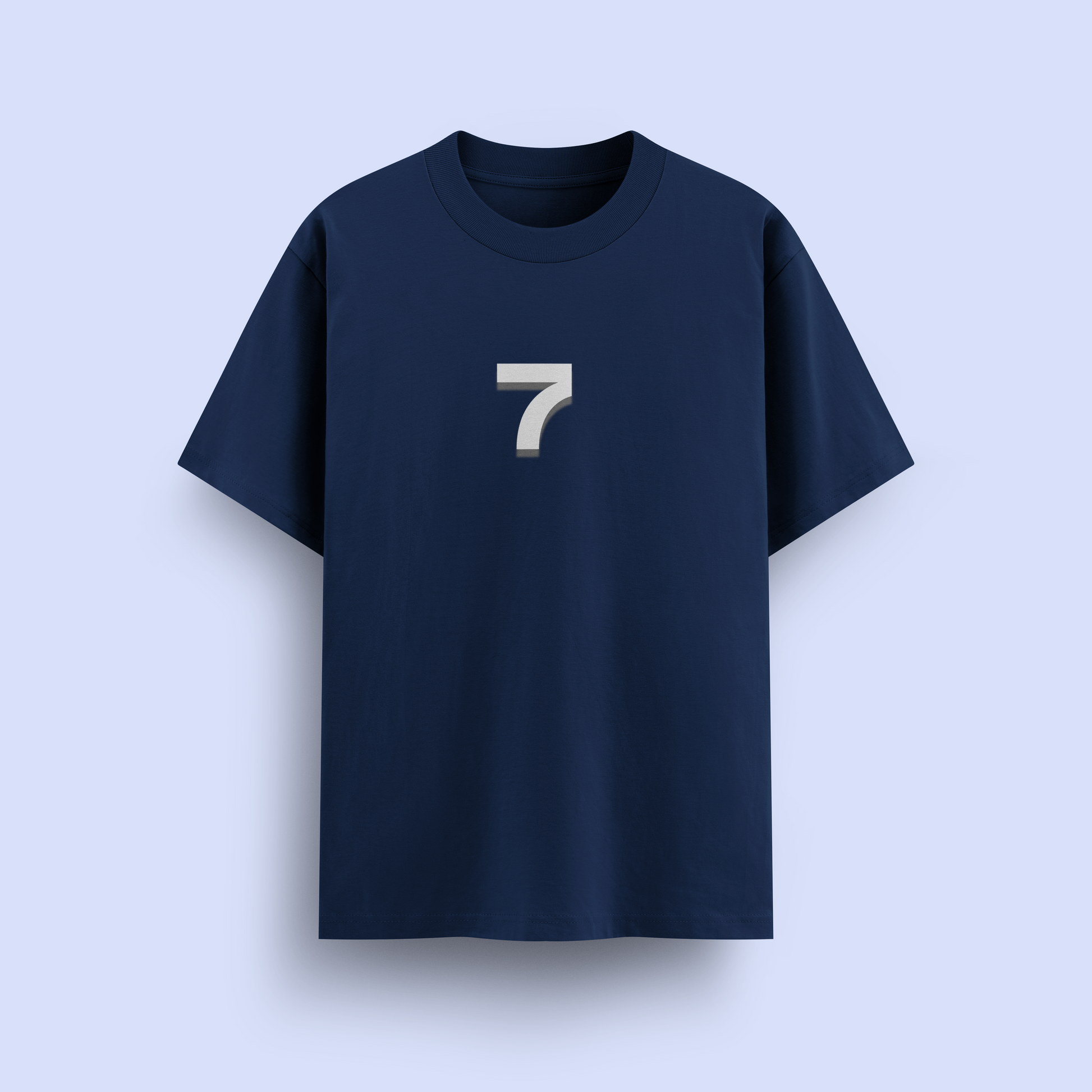 Navy blue t-shirt with a white number '7' on a light purple background